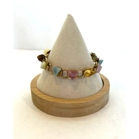 Set of 2 Vintage Natural Various Polished Colorful Stone Link Bracelets - Picture 5 of 16